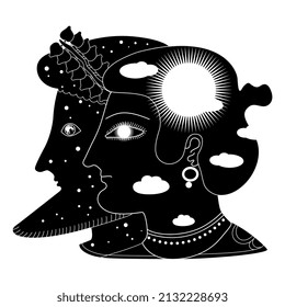 Two antique heads in profile. Man and woman as sunny day and starry night. Juxtaposition of male and female. Black and white silhouette.