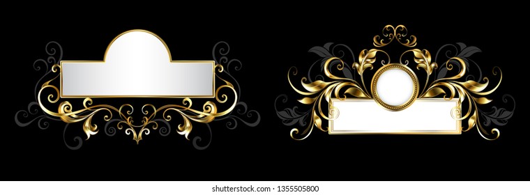 Two antique, ornate nameplates with patterned frame of gold and gray leaves on black background.