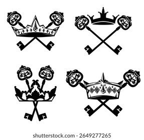duas chaves de esqueleto antigas cruzadas dentro da coroa do rei - estilo medieval real segredo emblema preto e branco vetor projeto conjunto
