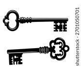 Two antique vintage skeleton keys silhouette icon Vector, illustration