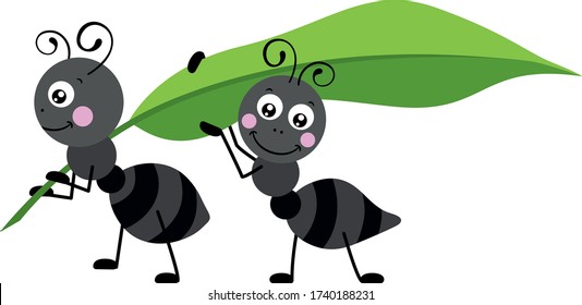Two ants carrying a green leaf