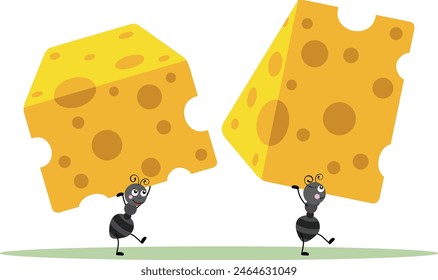 Two ants carrying pieces of cheese