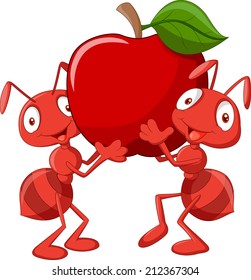 Two ants holding red apple