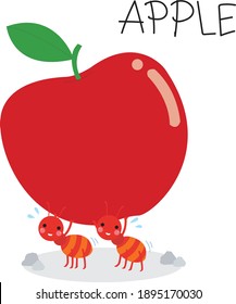 Dos hormigas con manzana roja, colección de vectores de dibujos animados para los niños, dibujo animado de estilo plano aislado de fondo blanco. Animales salvajes, tierno dibujo animado para fondo, tarjeta, libro, afiche