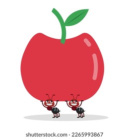Dos hormigas con manzana roja, colección de vectores de dibujos animados para los niños, dibujo animado de estilo plano aislado de fondo blanco. Animales salvajes, tiernos dibujos animados para el fondo, tarjetas, libros, afiches.