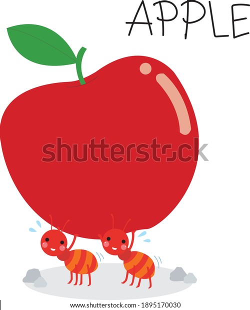 Two ants holding red apple,Cute cartoon ant vector\
collection for kids, cartoon ant in flat style isolated on white\
background. Wild animal,cute ant cartoon for background, card,\
Book, poster