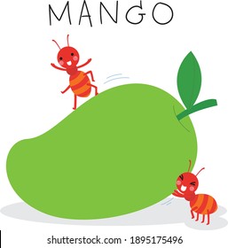 Two ants and Mango ,Cute cartoon ant vector collection for kids, cartoon ant in flat style isolated on white background. Wild animal,cute ant cartoon for background, card, Book, poster
