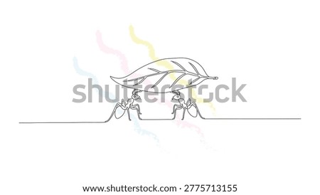 Two ants united holding leaf continuous single line drawing minimalist concept teamwork cooperation effort simple animal art.