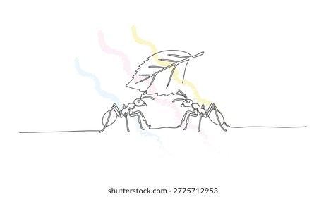 Two ants working together carrying a leaf continuous line art design teamwork effort unity collaboration concept simple drawing.