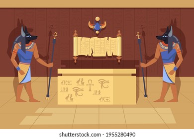 Two Anubis deities with ankh walking canes next to mummy case. Cartoon vector illustration. Egyptian gods in ancient temple interior, symbols and hieroglyphics. Ancient Egypt, history, art concept