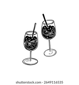 Two aperol spritz hand drawn vector illustration. Summer citrus cocktail glass sketch doodle drawing. Summer beach bar drink. Italian vacation alcohol drink. Orange beverage aperitif