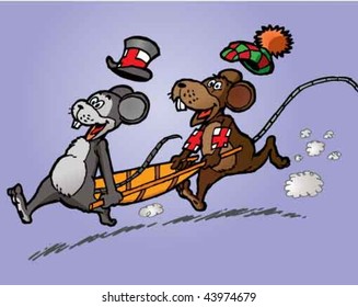 Two appealing mice carrying a stretcher. This vector illustration is one of a series of five.