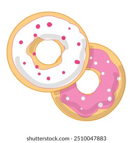 Two appetizing donuts with icing and sprinkles are lying on top of each other, a pink donut and a white donut