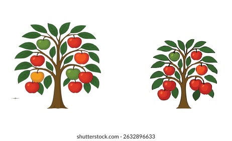 Two apple trees display a contrast in fruit ripeness and color, symbolizing seasonal change, diversity in growth, or varied apple species, highlighting nature’s cycle of abundance.