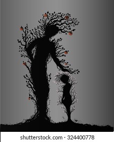 two apple trees young and old look like woman and kid or mother and child, plant surrealism,  fairy tree silhouettes, big and small tree soul at night, vector.