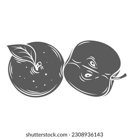 Two apples glyph icon vector illustration. Stamp of whole fresh fruit with leaf and round half of fruit with core, seeds and stem, halved sweet apple for eating, ingredient for cooking healthy dish