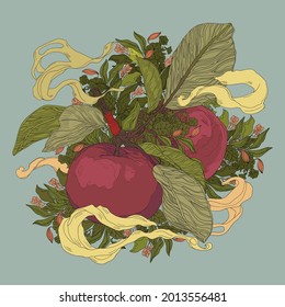 Two apples on a branch.
Natural red apples on a background of green foliage.