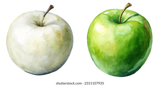 Two apples, one green and one white. The green apple is larger than the white one. The white apple has a few spots on it