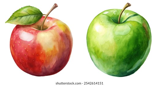 Two apples, one red and one green, with a leaf on top of each. The red apple is larger and has a stem, while the green apple is smaller and has a stem as well