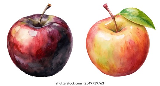 Two apples, one red and one yellow, with a green leaf on top. The red apple is larger and has a more intense color, while the yellow apple is smaller and has a lighter, more mellow tone