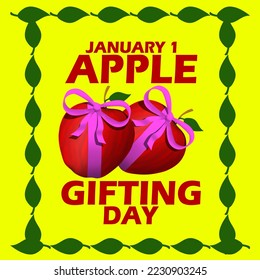 Two apples tied with a purple ribbon as a gift and bold text with a frame made of leaves to celebrate Apple Gifting Day on January 1