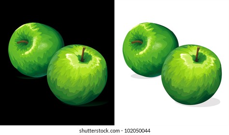 Two apples. Vector illustration isolated on white and black background.