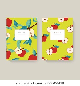 Dos cuadernos con tema de manzana con una etiqueta de notas. Concepto de diseño de papelería.