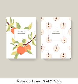 Dos cuadernos con tema de manzana con una etiqueta de notas. Concepto de diseño de papelería.