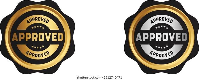 Dos insignias aprobadas en colores dorados y plateados con estrellas sobre fondo negro, que simbolizan la certificación, la validación y la aceptación.
