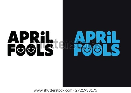 Two April Fools logos with smiling faces, one in black on white background and one in blue on black background, typography design
