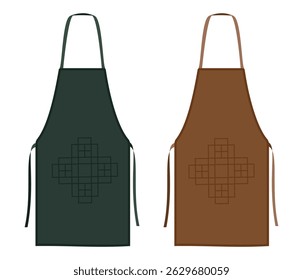 Two aprons with geometric design in green and brown colors isolated on white background