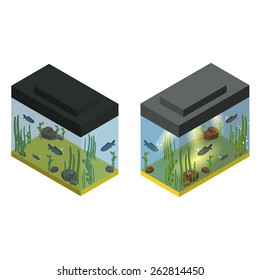 Two aquariums in isometric projection. Vector illustration