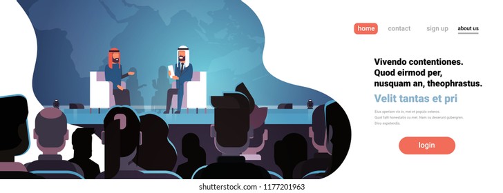 Two arab business men politicians conference debate meeting interview talking over world map big audience horizontal banner flat copy space vector illustration