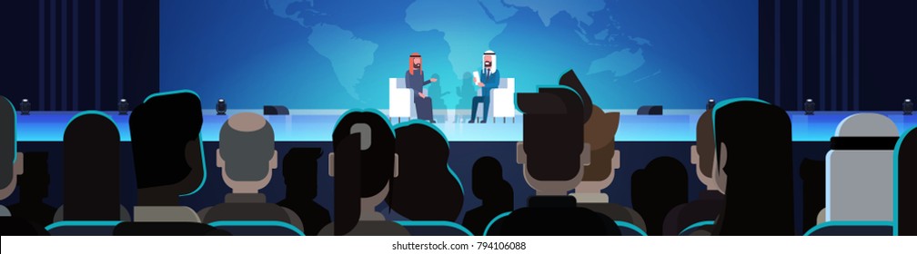 Two Arab Business Men Or Politicians On Coference Or Debate Meeting Interview Talking Over World Map In Front Of Big Audience Horizontal Banner Flat Vector Illustration