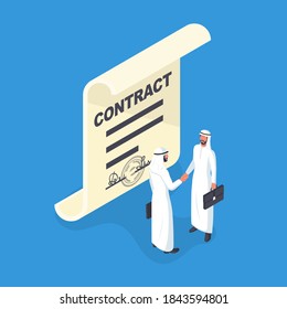 Two Arab businessmen shake hands making a deal. Signing a contract. Agreement of people to work together. Vector illustration isometric 3d design. Deal agreement.