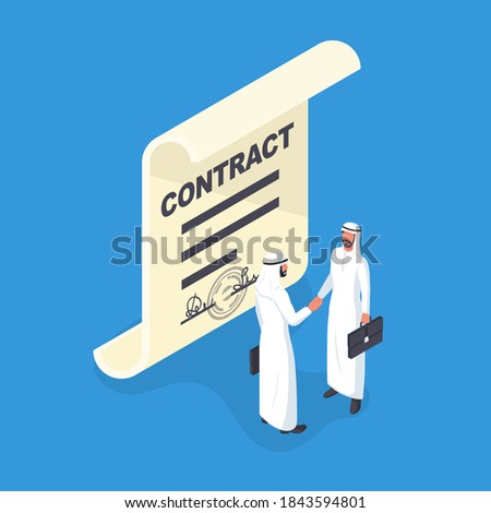 Two Arab businessmen shake hands making a deal. Signing a contract. Agreement of people to work together. Vector illustration isometric 3d design. Deal agreement.