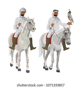 Two Arab Horsemen On Falconry. Vector Illustration Isolated On White Background