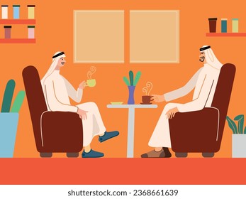 two Arab men are depicted in the warm, inviting ambiance of a traditional coffee shop. Both men are adorned in elegant and culturally rich attire, with one wearing a fine