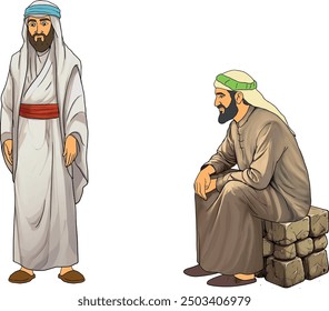 Two Arab men, one sitting on a stone and the other standing