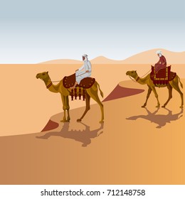 Two arab men riding a camel in the desert. Vector illustration