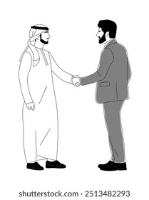 Two arab men shaking hands. One is wearing a white traditional muslim clothes and the other is wearing a formal suit. Outline sketch vector drawing isolated on white background