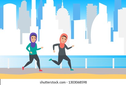 two arab muslim women runing  and jogging outdoor urban background