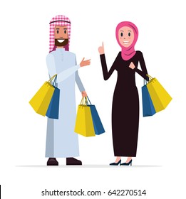 Two Arab people coming out of shopping with bags. flat character design. vector illustration