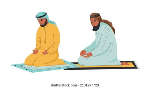 Two Arab People Praying Flat Vector Illustration