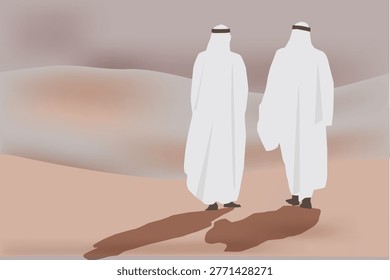 Two Arab UAE, Emirate, Saudi, Qatari, Omani, Bahraini, Kuwaiti  men in white traditional clothing walk across a sandy desert