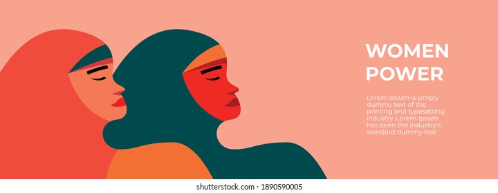 Two Arab women standing together announce female power. Women Power banner. Feminist Union or Sisterhood. Flat vector illustration.