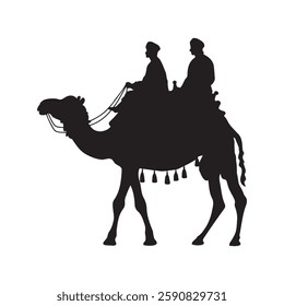 Two Arabian men riding on a camel silhouette vector illustration