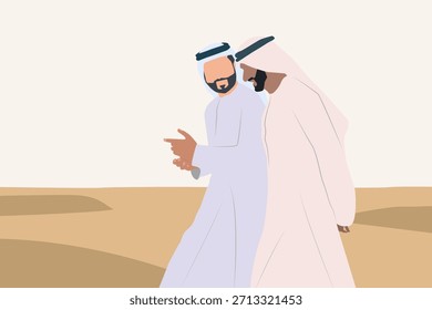 Dos hombres árabes con kandora caminando en el desierto de EAU (Dubai) - Retrato de dos adultos del Medio Oriente con vestido árabe tradicional