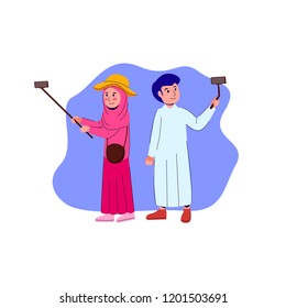 Two Arabian Teen, Male And Female Selfie Making Vlog Doodle Flat Vector Illustration