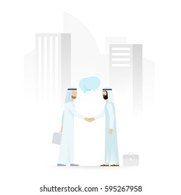 Two arabic businessmen shaking hands on a background of cityscape with skyscrapers. Business meeting, partnership, agreement concept. Flat vector illustration.